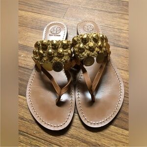 Tory Burch Gold and Tan Embellished Sandals